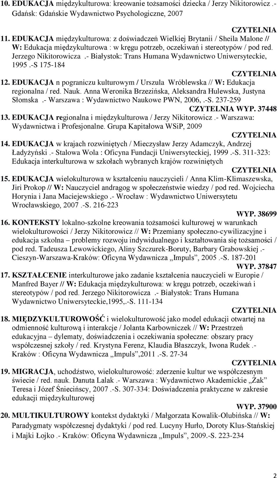 - Białystok: Trans Humana Wydawnictwo Uniwersyteckie, 1995.-S 175-184 12. EDUKACJA n pograniczu kulturowym / Urszula Wróblewska // W: Edukacja regionalna / red. Nauk.