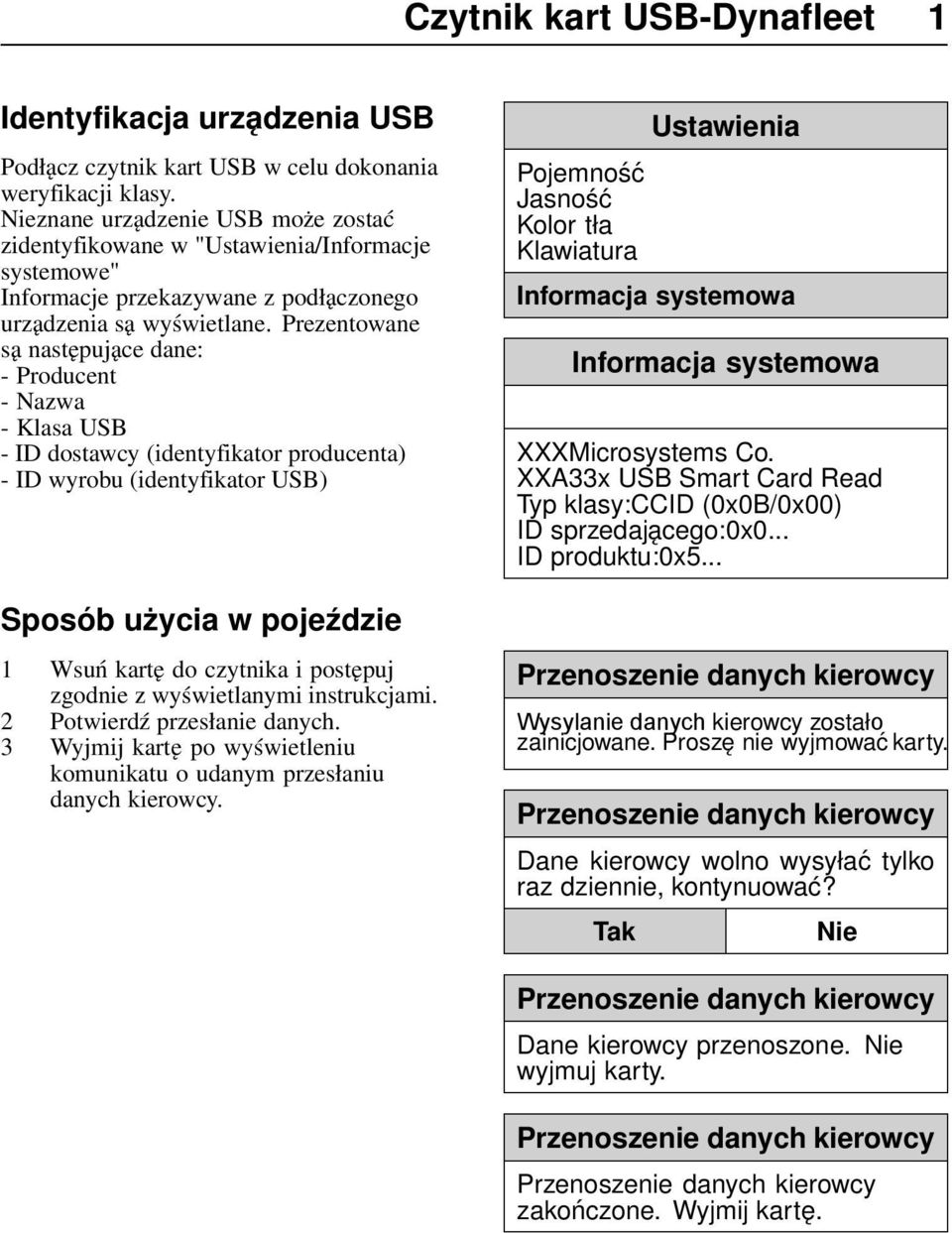 Prezentowane są następujące dane: - Producent - Nazwa - Klasa USB - ID dostawcy (identyfikator producenta) - ID wyrobu (identyfikator USB) Sposób użycia w pojeździe 1 Wsuń kartę do czytnika i