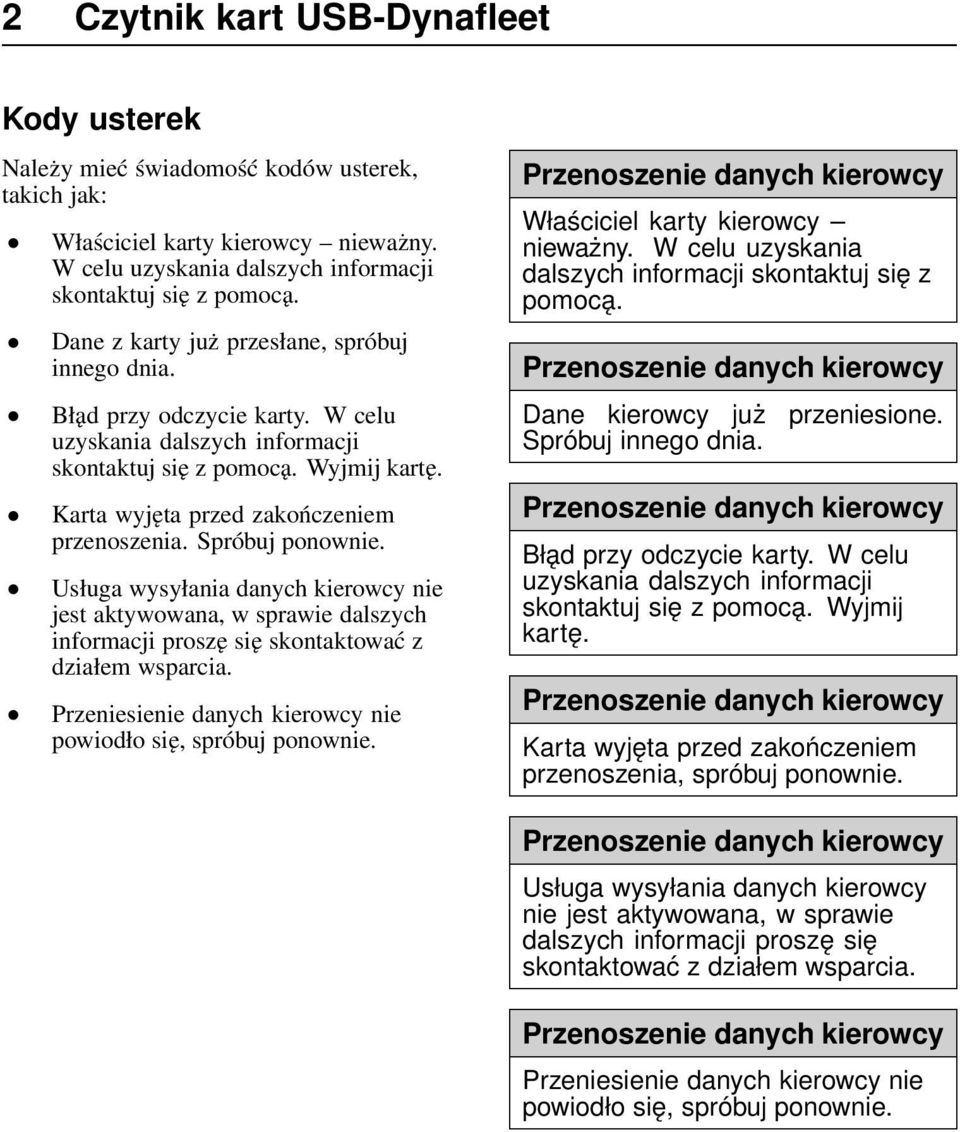 Spróbuj ponownie. Usługa wysyłania danych kierowcy nie jest aktywowana, w sprawie dalszych informacji proszę się skontaktować z działem wsparcia.