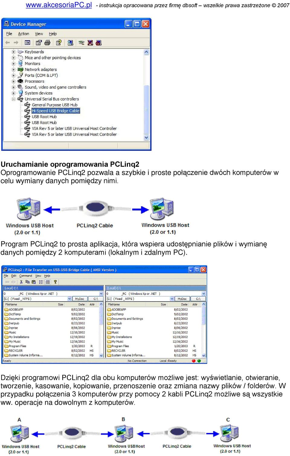 Dziêki programowi PCLinq2 dla obu komputerów mo liwe jest: wyœwietlanie, otwieranie, tworzenie, kasowanie, kopiowanie, przenoszenie oraz zmiana