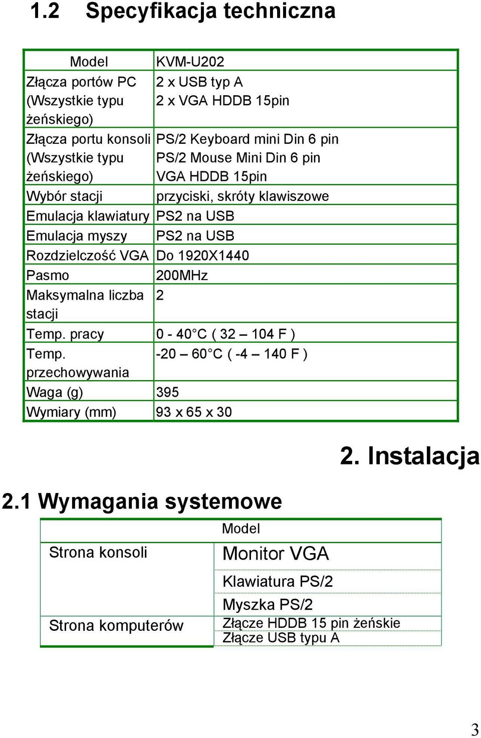 Rozdzielczość VGA Do 1920X1440 Pasmo 200MHz Maksymalna liczba 2 stacji Temp. pracy 0-40 C ( 32 104 F ) Temp.