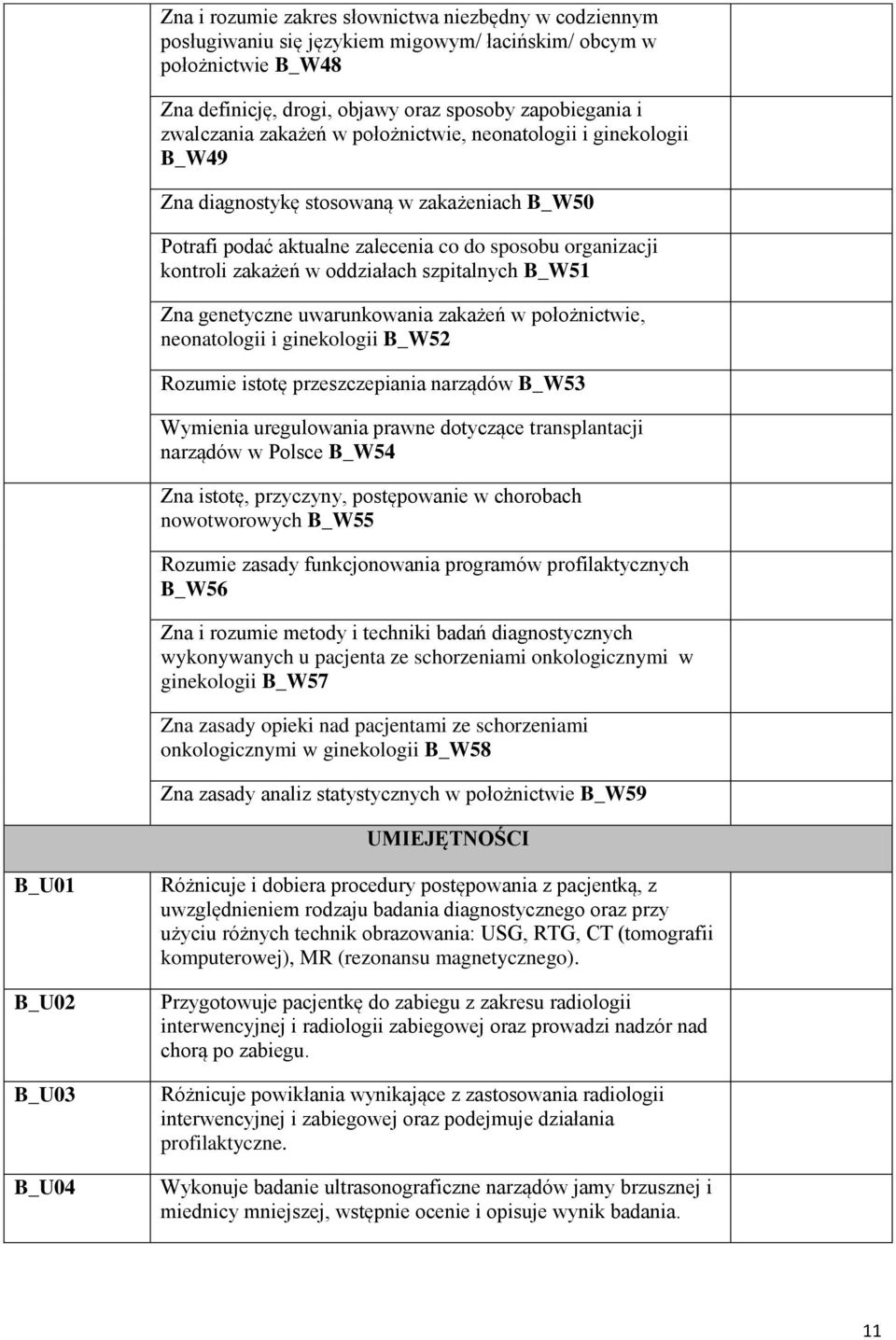 szpitalnych B_W51 Zna genetyczne uwarunkowania zakażeń w położnictwie, neonatologii i ginekologii B_W52 Rozumie istotę przeszczepiania narządów B_W53 Wymienia uregulowania prawne dotyczące