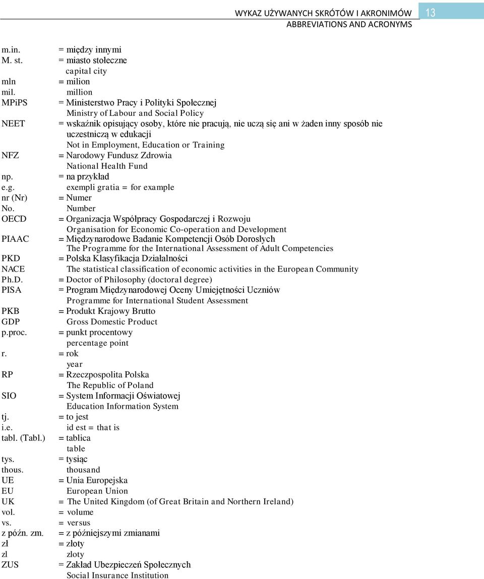 w edukacji Not in Employment, Education or Training NFZ = Narodowy Fundusz Zdrowia National Health Fund np. = na przykład e.g. exempli gratia = for example nr (Nr) = Numer No.