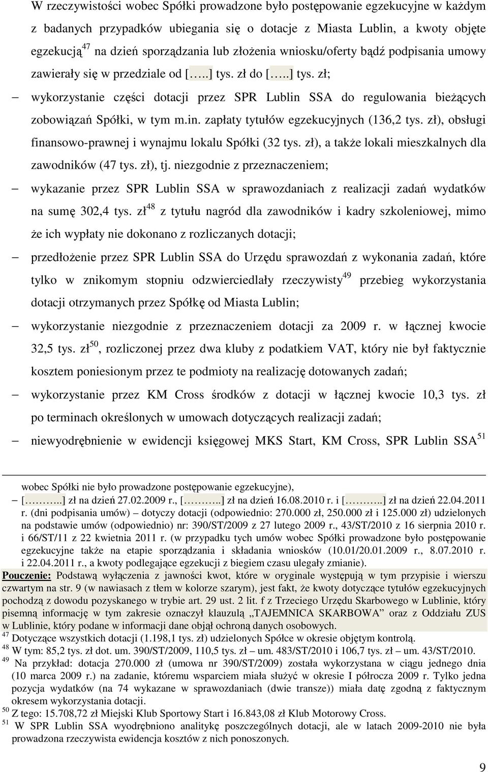 in. zapłaty tytułów egzekucyjnych (136,2 tys. zł), obsługi finansowo-prawnej i wynajmu lokalu Spółki (32 tys. zł), a także lokali mieszkalnych dla zawodników (47 tys. zł), tj.