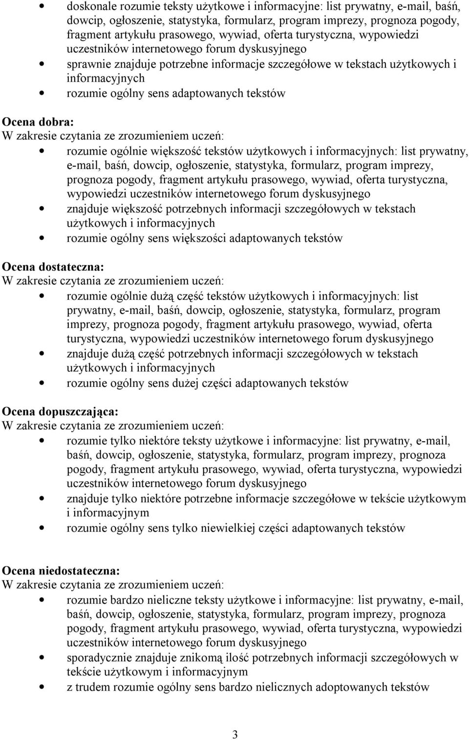 Ocena dobra: W zakresie czytania ze zrozumieniem uczeń: rozumie ogólnie większość tekstów użytkowych i informacyjnych: list prywatny, e-mail, baśń, dowcip, ogłoszenie, statystyka, formularz, program