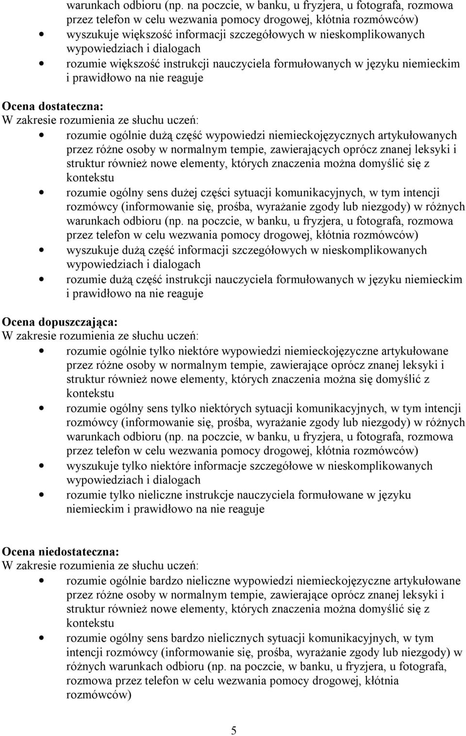 i dialogach rozumie większość instrukcji nauczyciela formułowanych w języku niemieckim i prawidłowo na nie reaguje Ocena dostateczna: W zakresie rozumienia ze słuchu uczeń: rozumie ogólnie dużą część