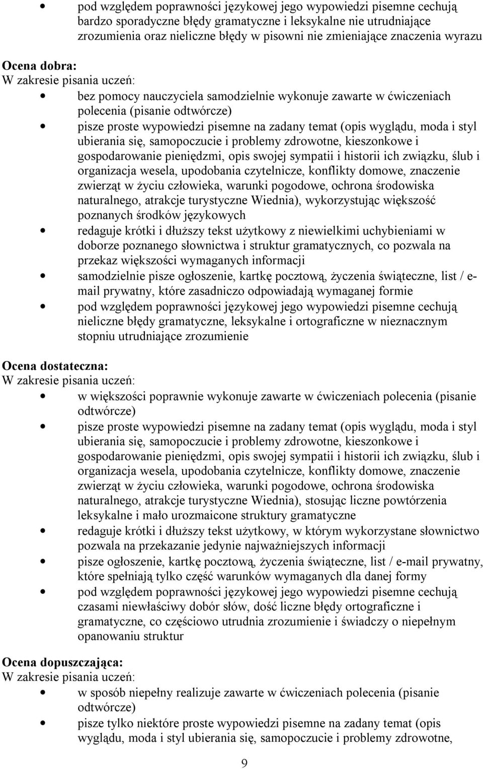 temat (opis wyglądu, moda i styl ubierania się, samopoczucie i problemy zdrowotne, kieszonkowe i gospodarowanie pieniędzmi, opis swojej sympatii i historii ich związku, ślub i organizacja wesela,