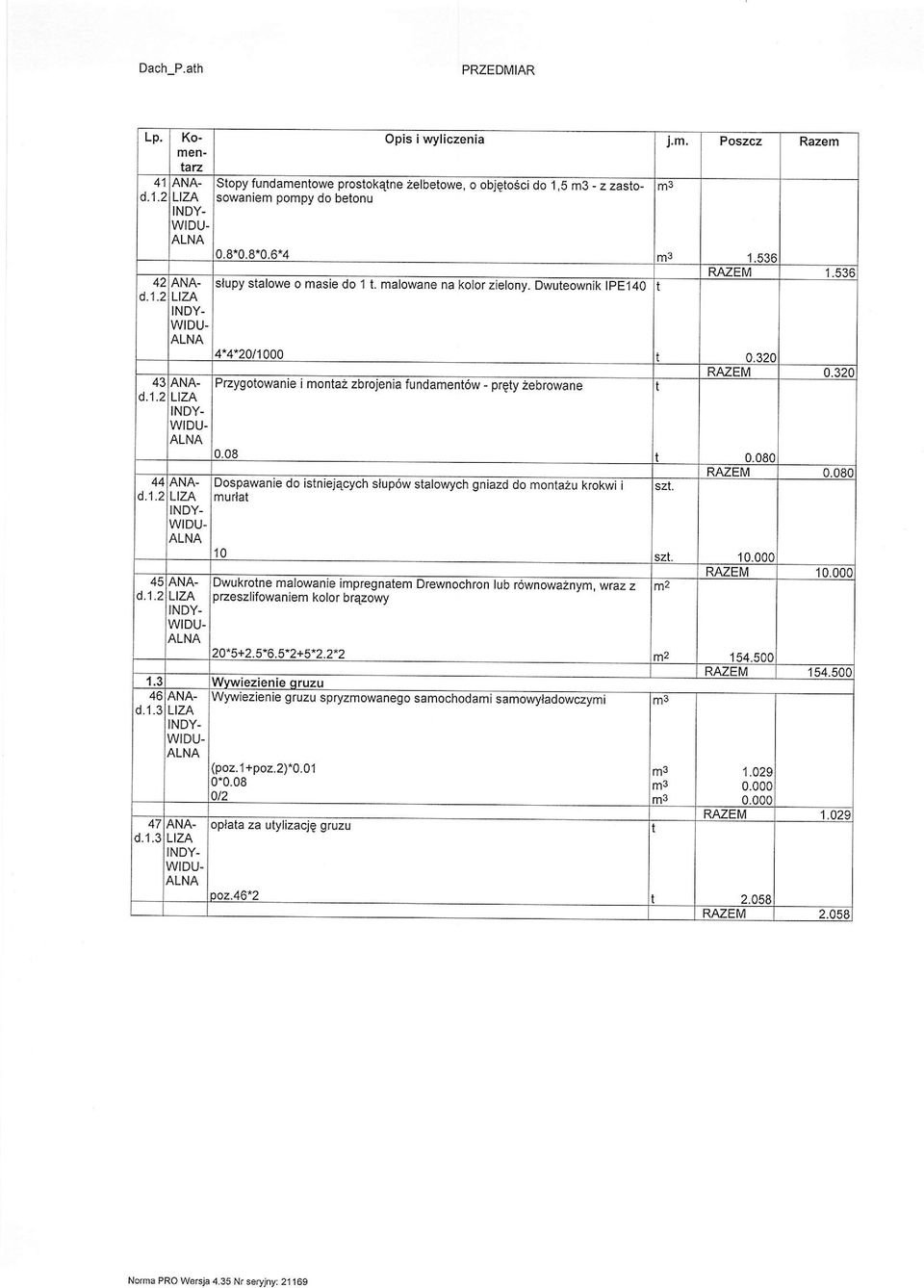 080 RAZEM 0. Dospawanie do istniej4cych slup6w stalowych gniazd do ontazu krokwi szt. urlat 10 d.1.2 ANA- Dwukrotne alowanie ipregnate Drewnochron lub r6wnowazny, wraz z pzeszlifowanie kolor brazowy szt.