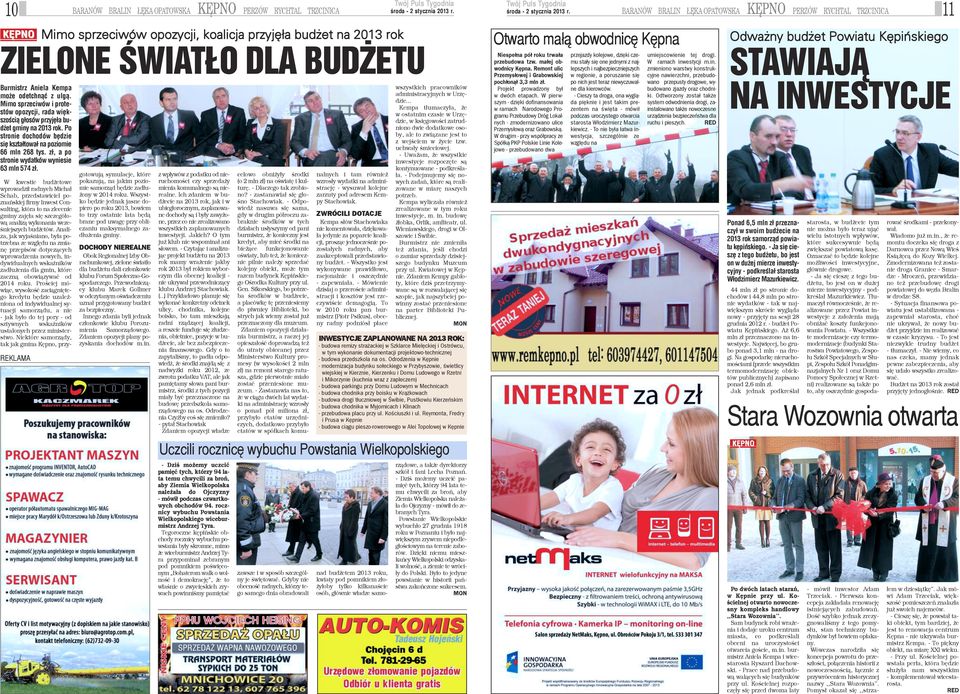 BARANÓW BRALIN ÊKA OPATOWSKA KÊPNO PERZÓW RYCHTAL TRZCINICA Mimo sprzeciwów opozycji, koalicja przyjê³a bud et na 2013 rok W kwestie bud etowe wprowadzi³ radnych Micha³ Schab, przedstawiciel