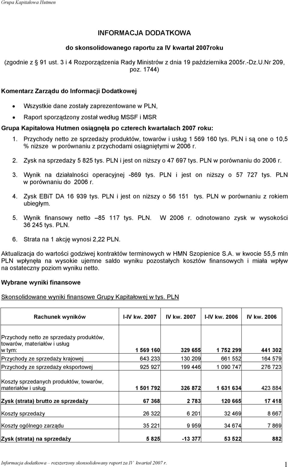 roku: 1. Przychody netto ze sprzedaży produktów, towarów i usług 1 569 160 tys. PLN i są one o 10,5 % niższe w porównaniu z przychodami osiągniętymi w 2006 r. 2. Zysk na sprzedaży 5 825 tys.