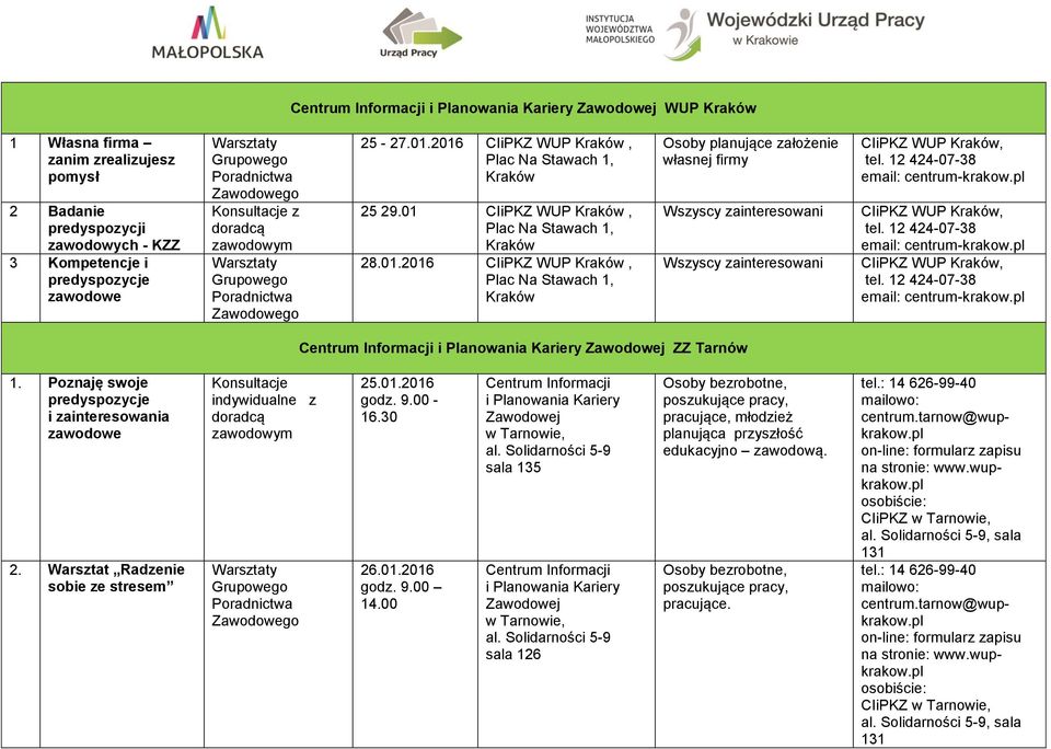 01 CIiPKZ WUP Kraków, Plac Na Stawach 1, Kraków 28.01.2016 CIiPKZ WUP Kraków, Plac Na Stawach 1, Kraków Osoby planujące założenie własnej firmy Wszyscy zainteresowani Wszyscy zainteresowani CIiPKZ WUP Kraków, tel.