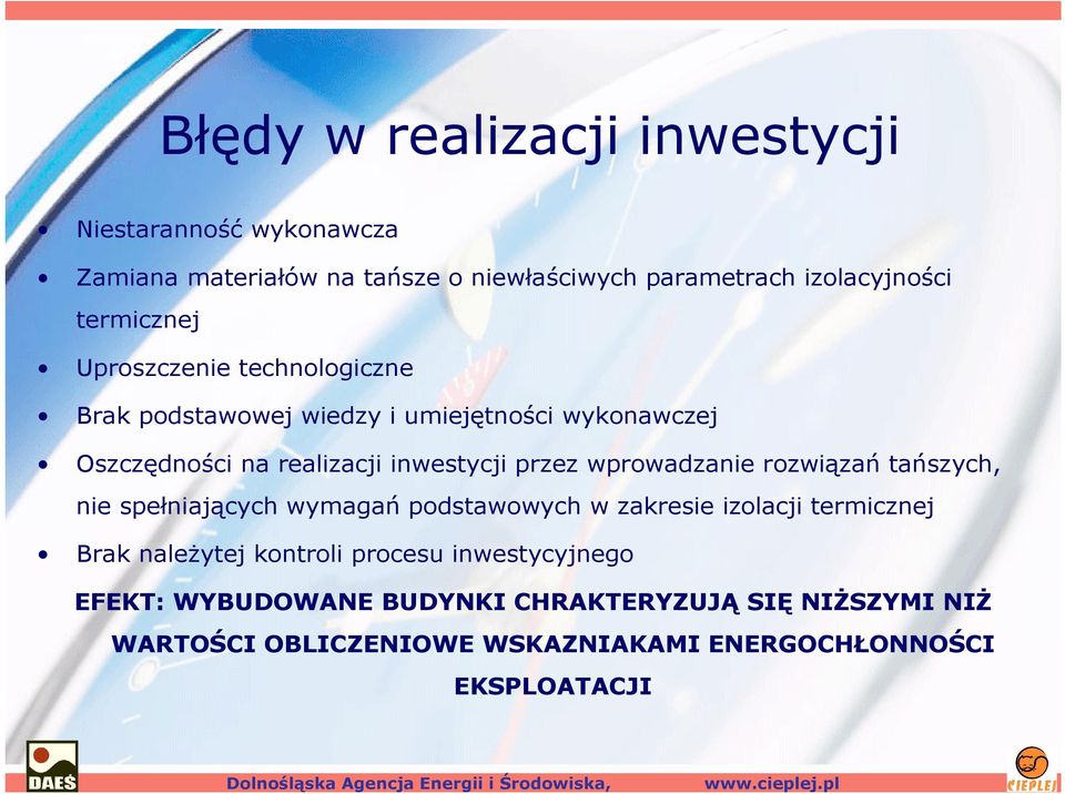 przez wprowadzanie rozwiązań tańszych, nie spełniających wymagań podstawowych w zakresie izolacji termicznej Brak naleŝytej kontroli