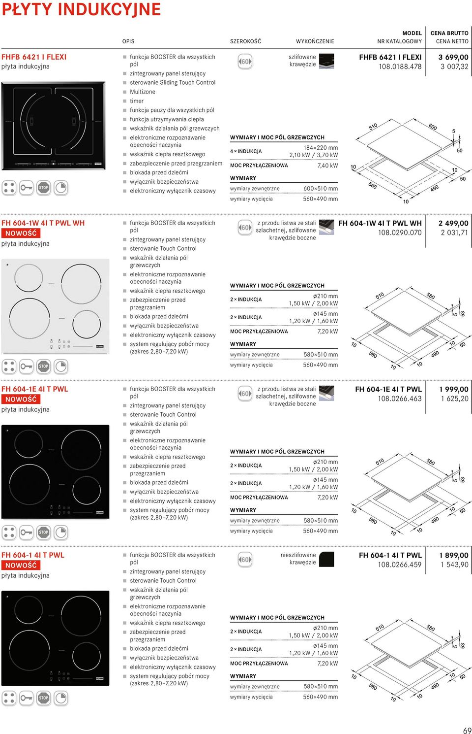 478 3 699,00 3 007,32 FH 604-1W 4I T PWL WH NOWOŚĆ sterowanie Touch Control wskaźnik działania system regulujący pobór mocy (zakres 2,80 7,20 kw) z przodu listwa ze stali szlachetnej, szlifowane