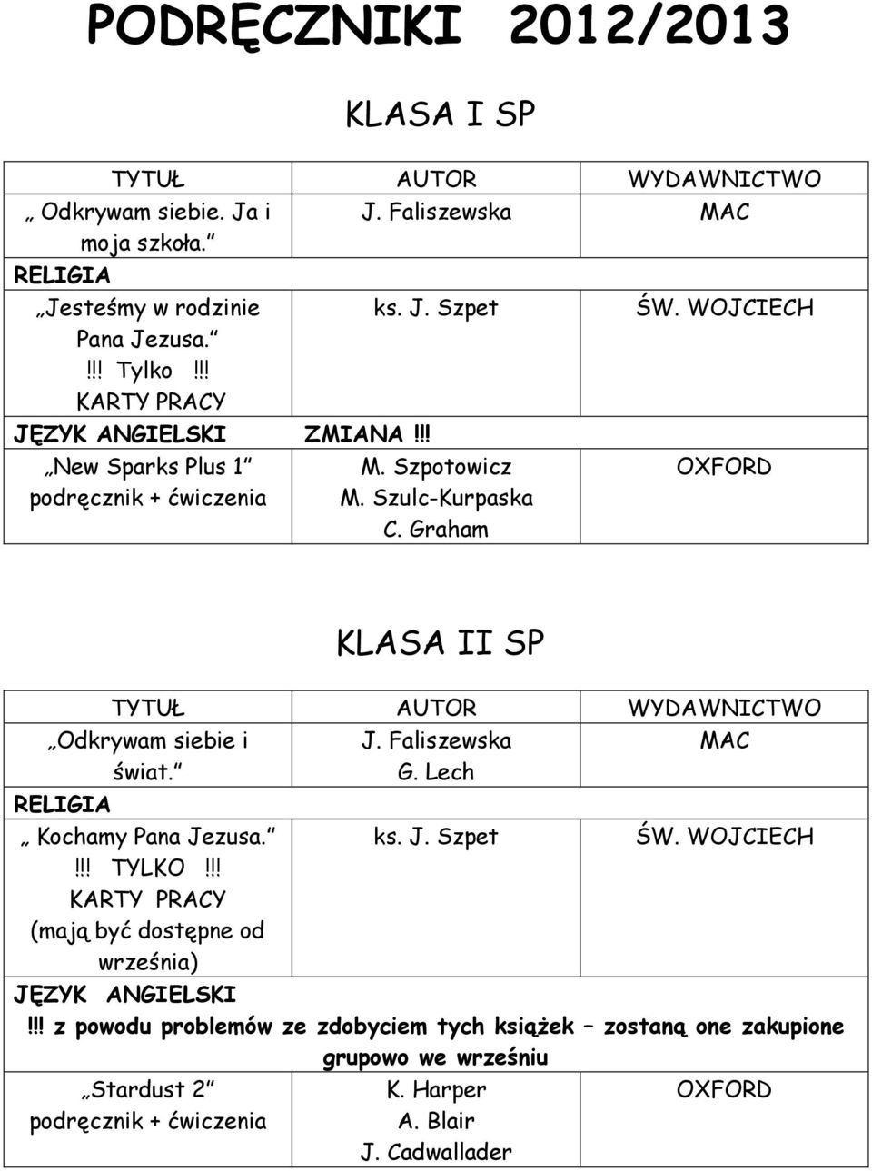 Graham OXFORD KLASA II SP Odkrywam siebie i J. Faliszewska MAC świat. G. Lech Kochamy Pana Jezusa. ks. J. Szpet!!! TYLKO!