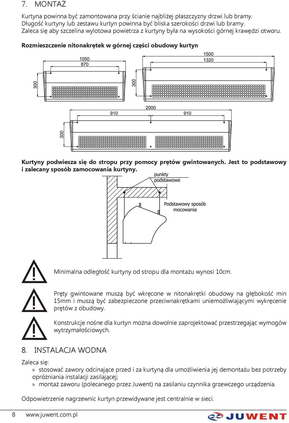 Rozmieszczenie nitonakrętek w górnej części obudowy kurtyn Kurtyny podwiesza się do stropu przy pomocy prętów gwintowanych. Jest to podstawowy i zalecany sposób zamocowania kurtyny.