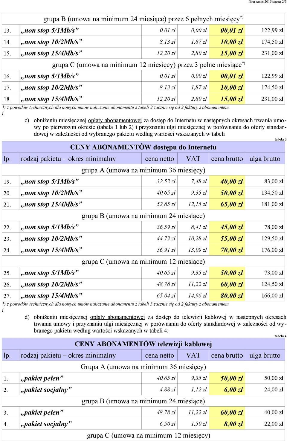 non stop 15/4Mb/s 12,20 zł 2,80 zł 15,00 zł 231,00 zł *) z powodów techncznych dla nowych umów nalczane abonamentu z tabel 2 zaczne sę od 2 faktury z abonamentem.