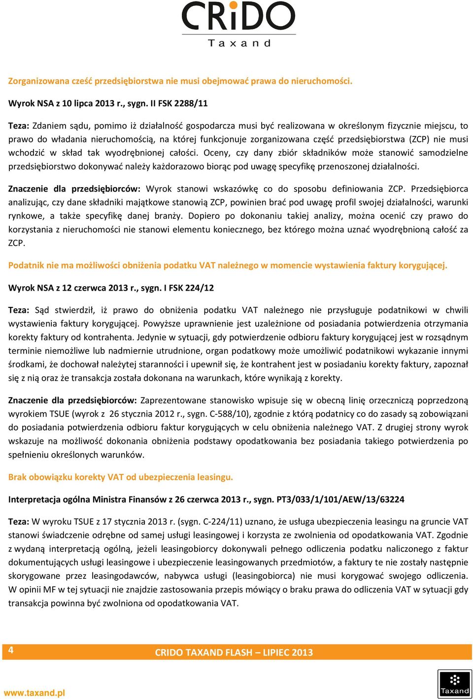 część przedsiębiorstwa (ZCP) nie musi wchodzić w skład tak wyodrębnionej całości.