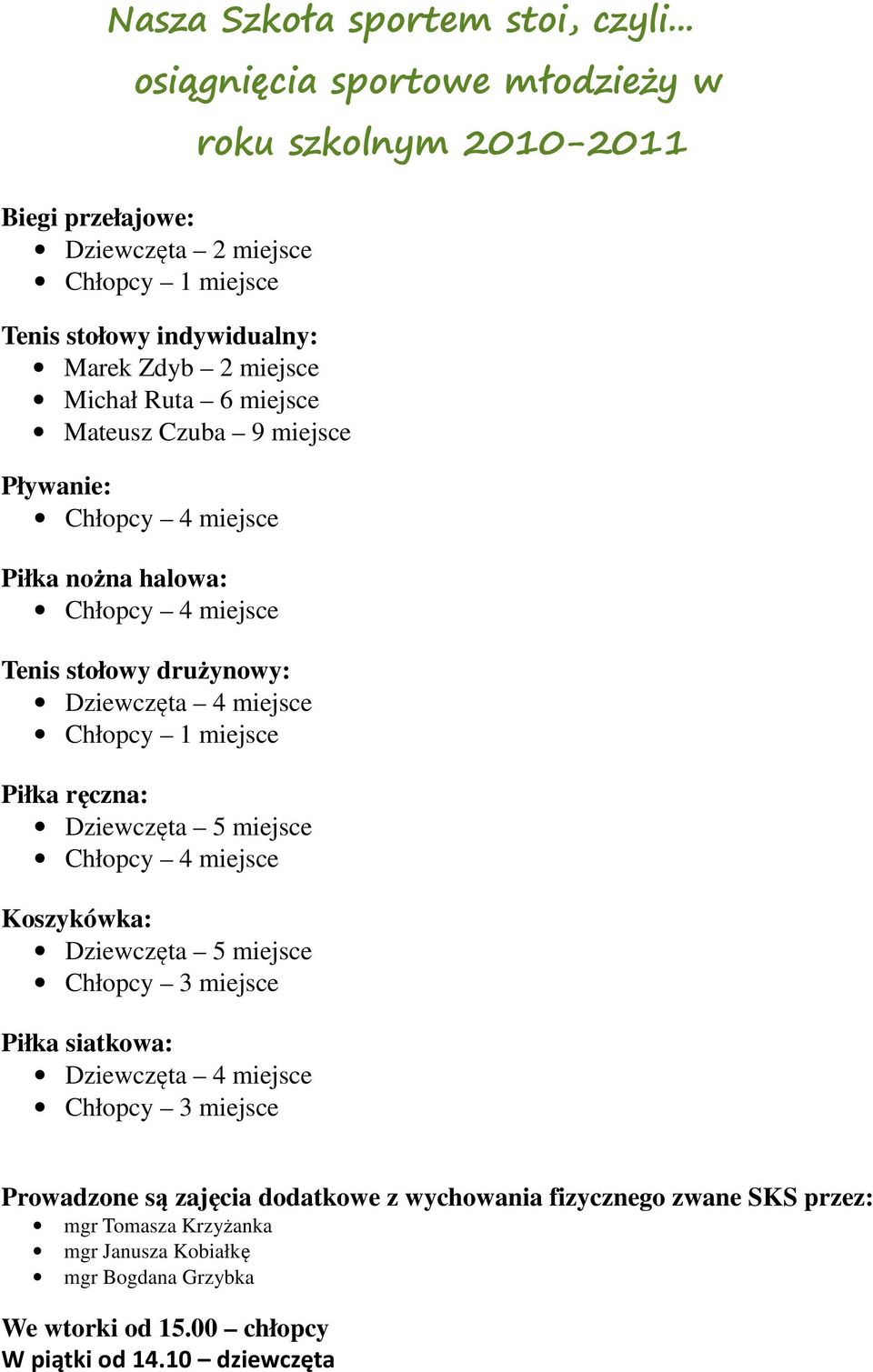 miejsce Pływanie: Chłopcy 4 miejsce Piłka nożna halowa: Chłopcy 4 miejsce Tenis stołowy drużynowy: Dziewczęta 4 miejsce Chłopcy 1 miejsce Piłka ręczna: Dziewczęta 5 miejsce Chłopcy