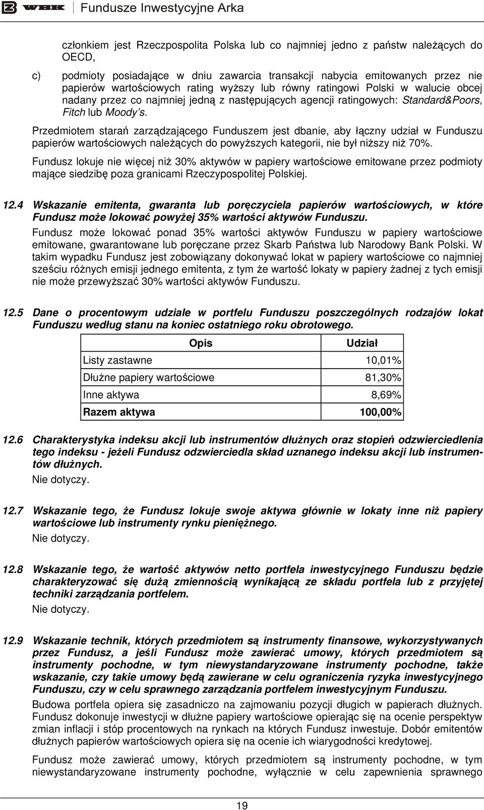Przedmiotem starań zarządzającego Funduszem jest dbanie, aby łączny udział w Funduszu papierów wartościowych należących do powyższych kategorii, nie był niższy niż 70%.