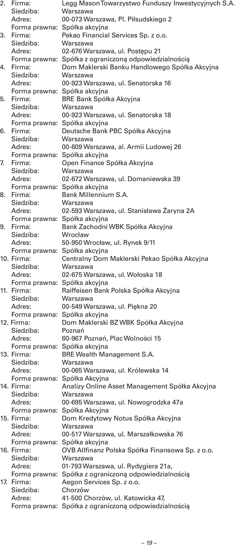 Firma: BRE Bank Spółka Akcyjna Adres: 00-923 Warszawa, ul. Senatorska 18 6. Firma: Deutsche Bank PBC Spółka Akcyjna Adres: 00-609 Warszawa, al. Armii Ludowej 26 7.