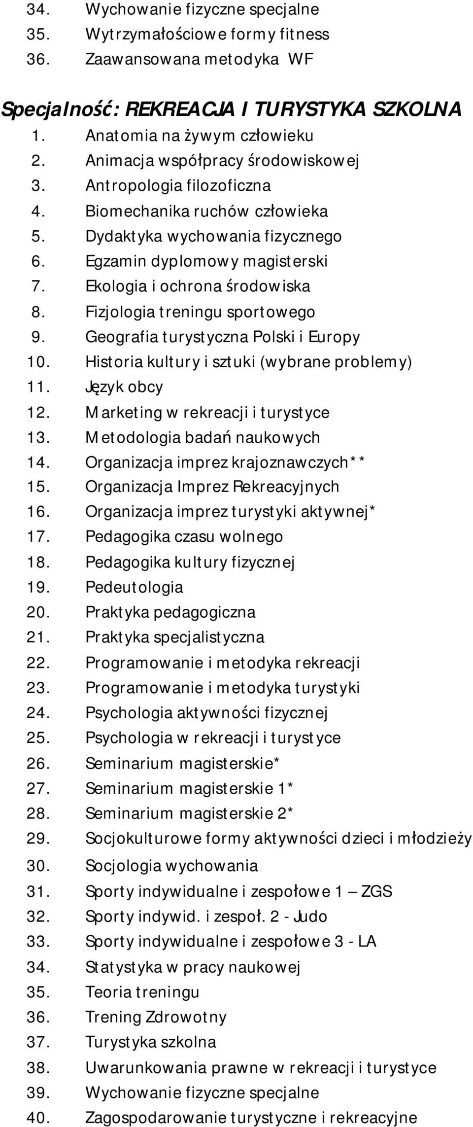 Geografia turystyczna Polski i Europy 10. Historia kultury i sztuki (wybrane problemy) 11. Język obcy 12. Marketing w rekreacji i turystyce 13. Metodologia badań naukowych 14.