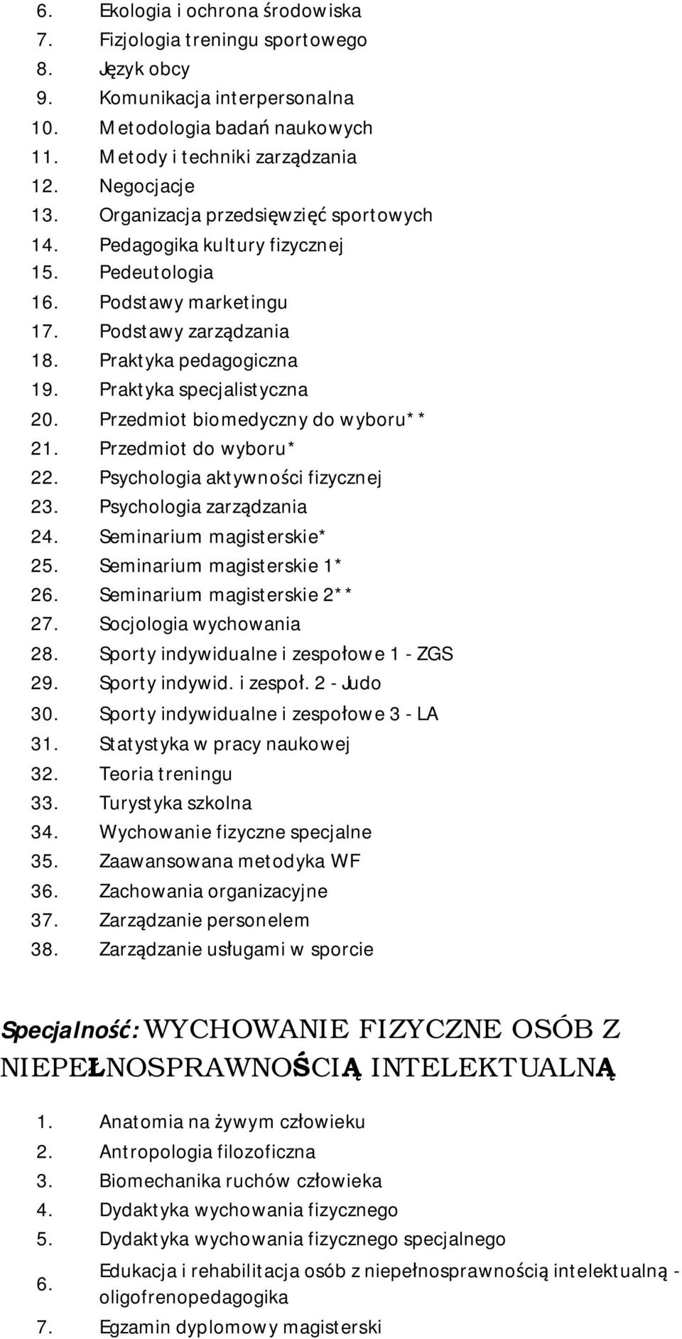 Przedmiot biomedyczny do wyboru** 21. Przedmiot do wyboru* 22. Psychologia aktywności fizycznej 23. Psychologia zarządzania 24. Seminarium magisterskie* 25. Seminarium magisterskie 1* 26.