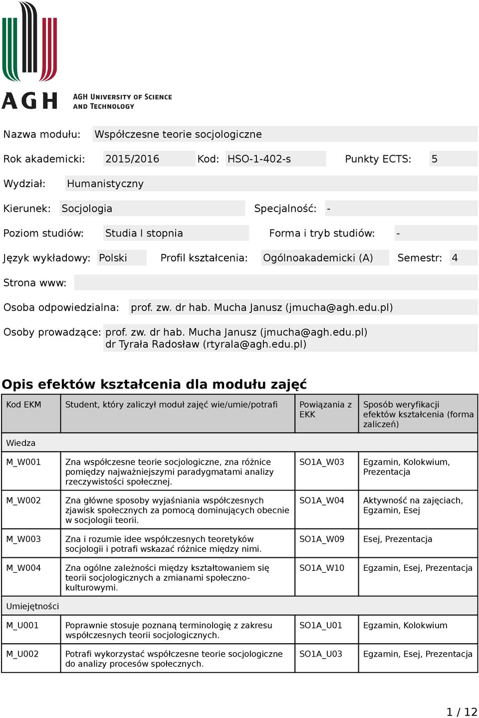 pl) Osoby prowadzące: prof. zw. dr hab. Mucha Janusz (jmucha@agh.edu.