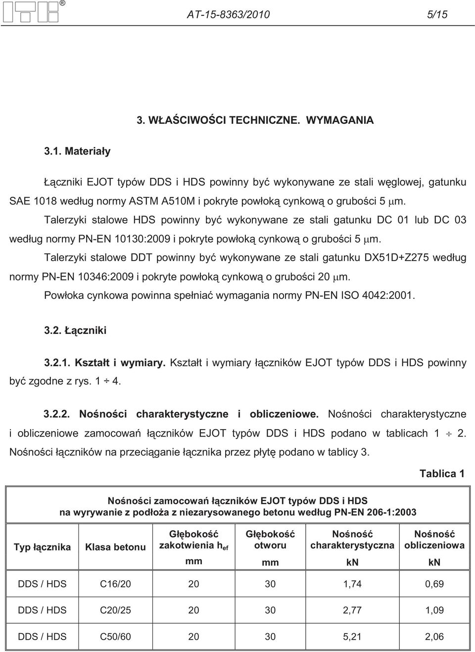 Talerzyki stalowe DDT powinny by wykonywane ze stali gatunku DX51D+Z275 wed ug normy PN-EN 10346:2009 i pokryte pow ok cynkow o grubo ci 20 m.