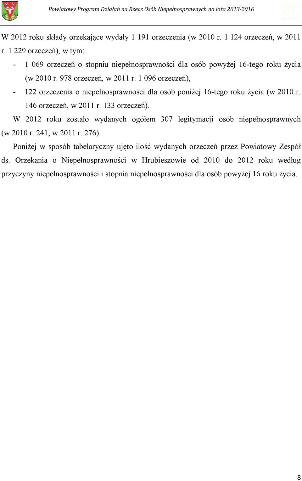 1 096 orzeczeń), - 122 orzeczenia o niepełnosprawności dla osób poniżej 16-tego roku życia (w 2010 r. 146 orzeczeń, w 2011 r. 133 orzeczeń).