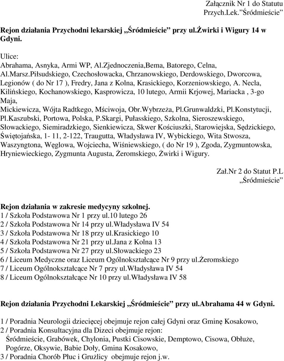 Necla, Kilińskiego, Kochanowskiego, Kasprowicza, 10 lutego, Armii Krjowej, Mariacka, 3-go Maja, Mickiewicza, Wójta Radtkego, Mściwoja, Obr.Wybrzeża, Pl.Grunwaldzki, Pl.Konstytucji, Pl.