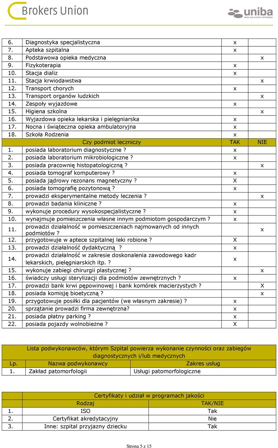 Szkoła Rodzenia x Czy podmiot leczniczy TAK NIE 1. posiada laboratorium diagnostyczne? x 2. posiada laboratorium mikrobiologiczne? x 3. posiada pracownię histopatologiczną? x 4.