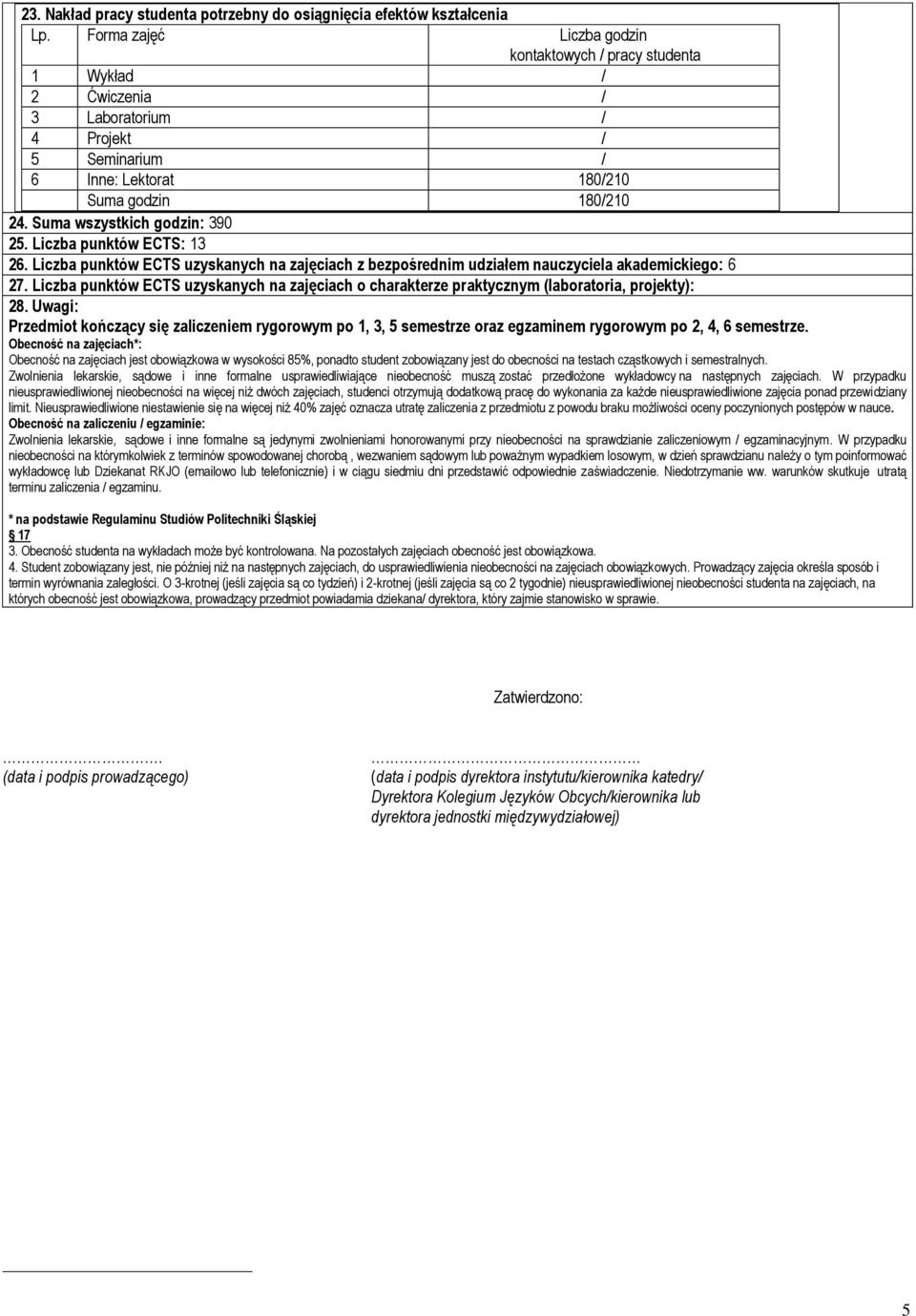 Suma wszystkich godzin: 390 25. Liczba punktów ECTS: 13 26. Liczba punktów ECTS uzyskanych na zajęciach z bezpośrednim udziałem nauczyciela akademickiego: 6 27.