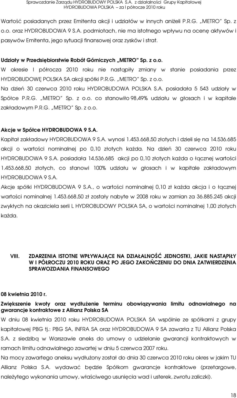 R.G. METRO Sp. z o.o. Na dzień 30 czerwca 2010 roku HYDROBUDOWA POLSKA S.A. posiadała 5 543 udziały w Spółce P.R.G. METRO Sp. z o.o. co stanowiło 98,49% udziału w głosach i w kapitale zakładowym P.R.G. METRO Sp. z o.o. Akcje w Spółce HYDROBUDOWA 9 S.