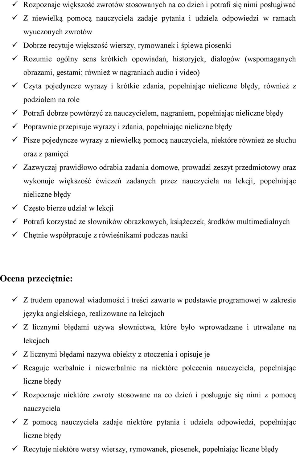 popełniając nieliczne Poprawnie przepisuje wyrazy i zdania, popełniając nieliczne Pisze pojedyncze wyrazy z niewielką pomocą nauczyciela, niektóre również ze słuchu oraz z pamięci Zazwyczaj