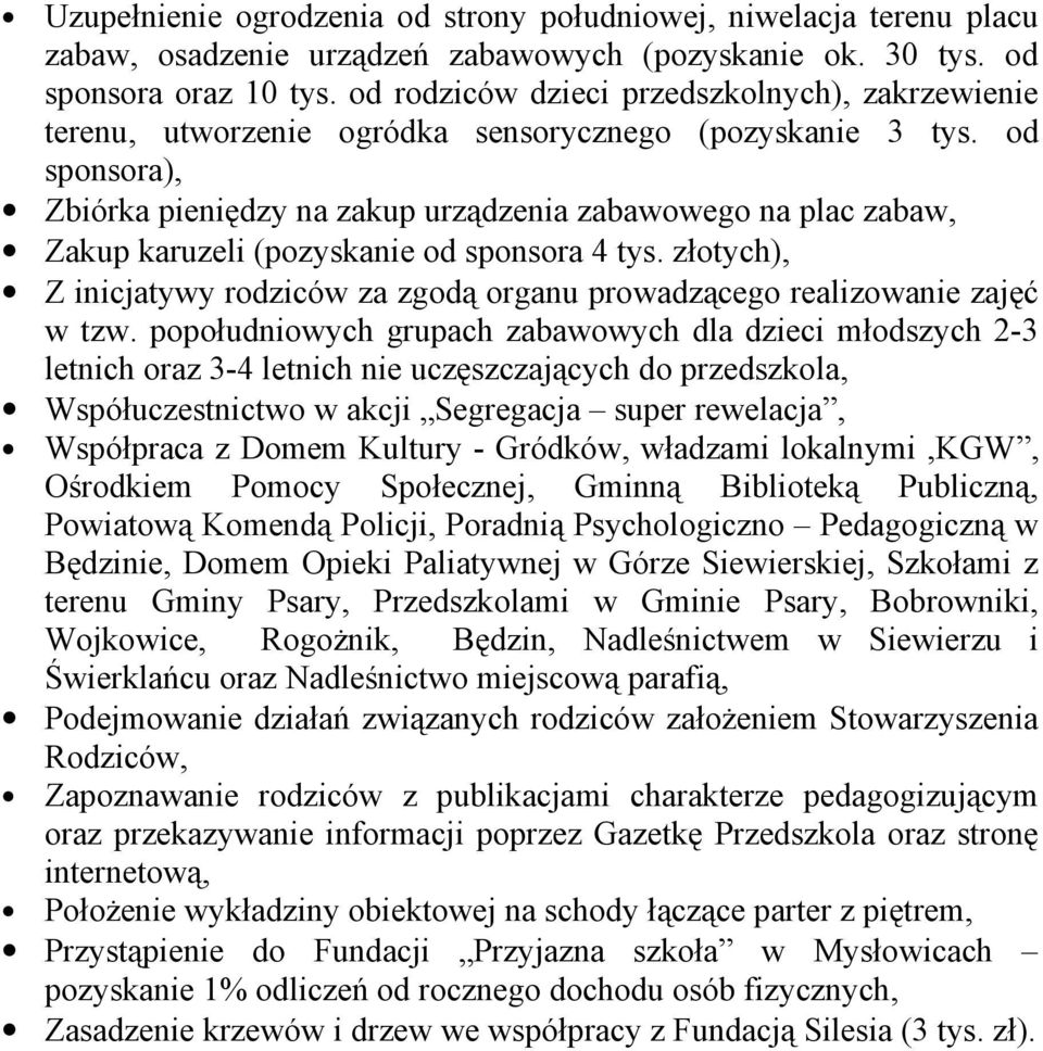 od sponsora), Zbiórka pieniędzy na zakup urządzenia zabawowego na plac zabaw, Zakup karuzeli (pozyskanie od sponsora 4 tys.