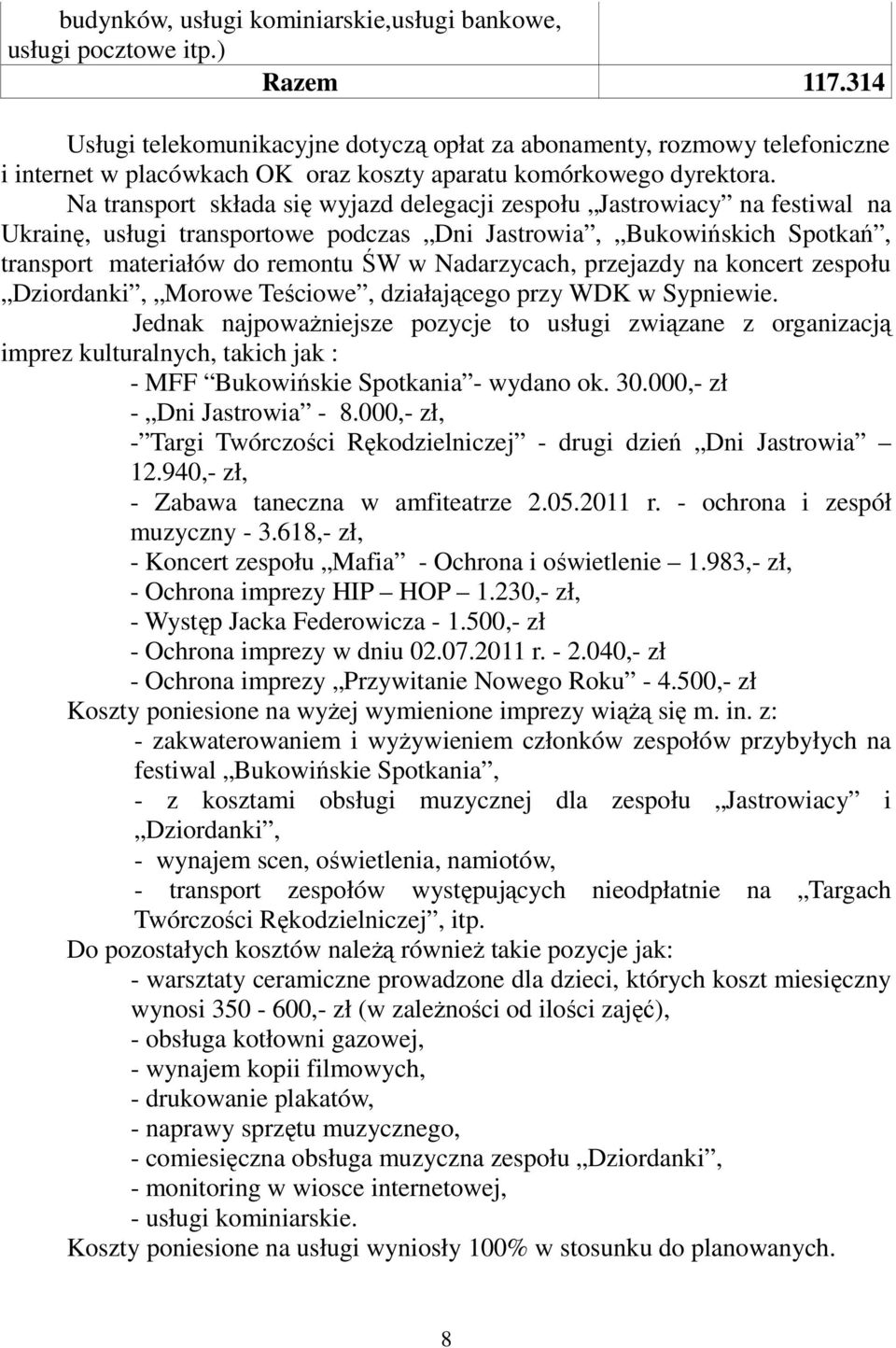 Na transport składa się wyjazd delegacji zespołu Jastrowiacy na festiwal na Ukrainę, usługi transportowe podczas Dni Jastrowia, Bukowińskich Spotkań, transport materiałów do remontu ŚW w Nadarzycach,