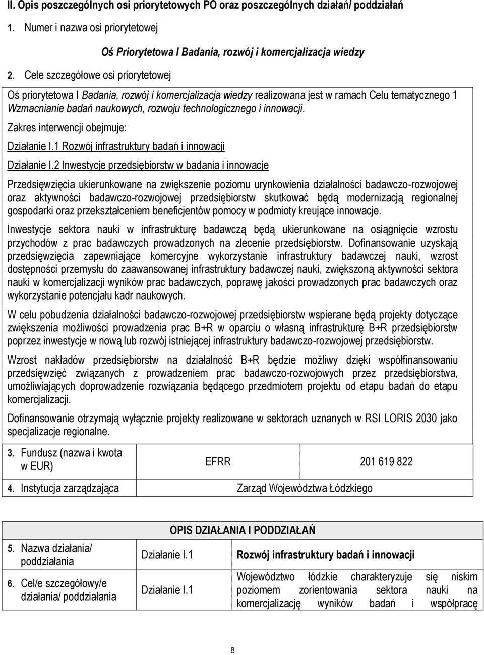Wzmacnianie badań naukowych, rozwoju technologicznego i innowacji. Zakres interwencji obejmuje: Działanie I.1 Rozwój infrastruktury badań i innowacji Działanie I.
