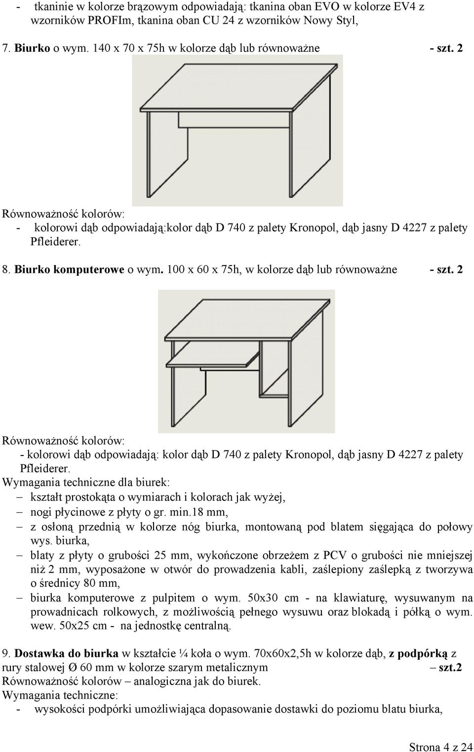 100 x 60 x 75h, w kolorze dąb lub równoważne - szt. 2 - kolorowi dąb odpowiadają: kolor dąb D 740 z palety Kronopol, dąb jasny D 4227 z palety Pfleiderer.