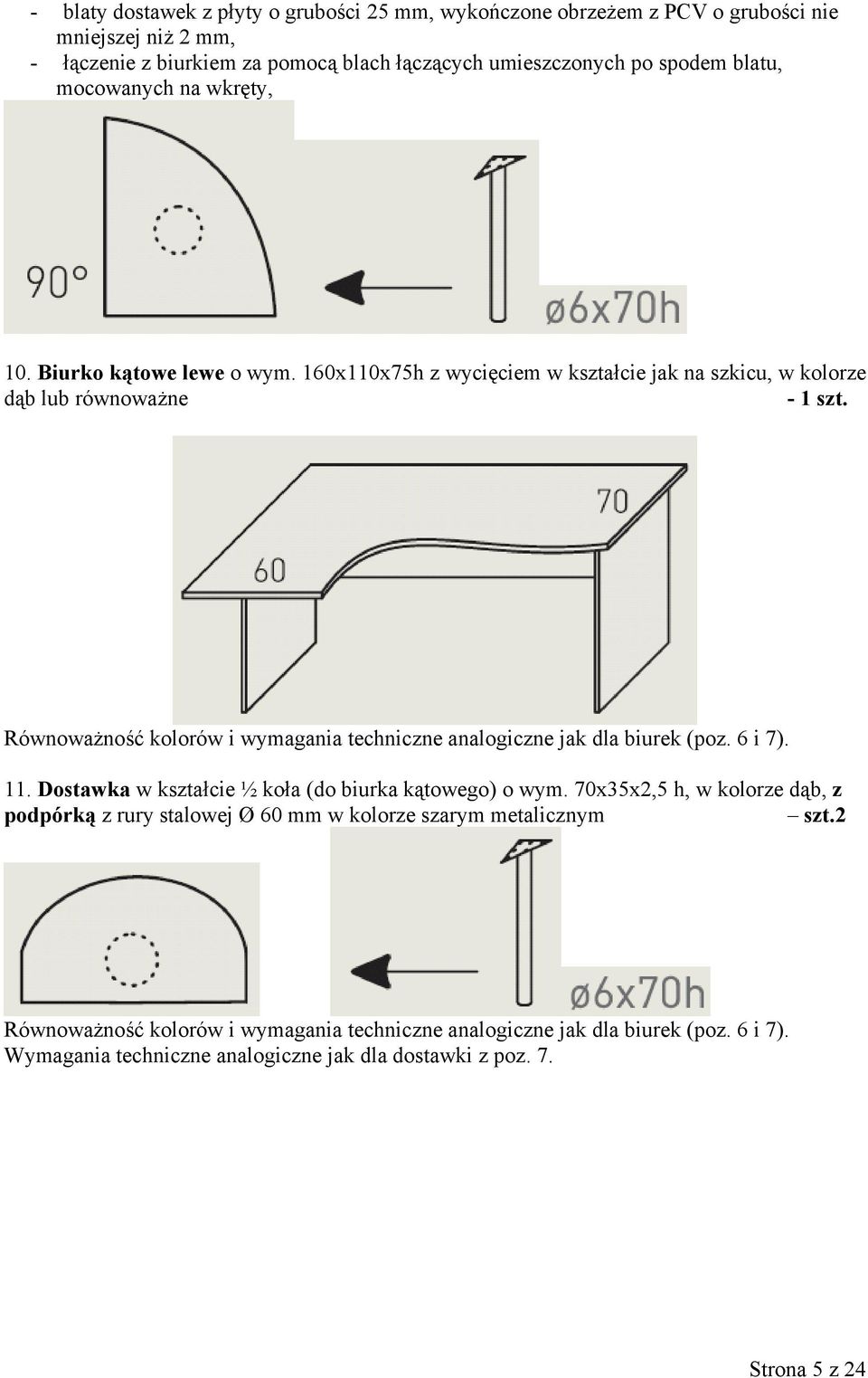 Równoważność kolorów i wymagania techniczne analogiczne jak dla biurek (poz. 6 i 7). 11. Dostawka w kształcie ½ koła (do biurka kątowego) o wym.