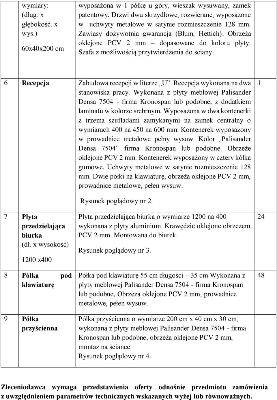 Szafa z możliwością przytwierdzenia do ściany. 6 Recepcja Zabudowa recepcji w literze U. Recepcja wykonana na dwa stanowiska pracy.