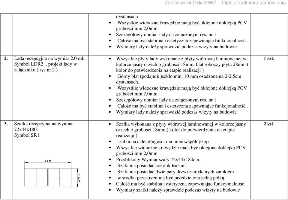 projekt lady w załączniku ( rys nr.2 ) 3. Szafka recepcyjna na wymiar 72x44x180.