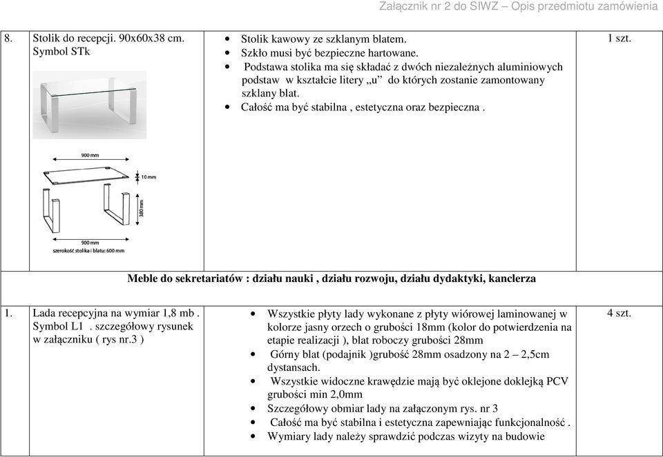 Meble do sekretariatów : działu nauki, działu rozwoju, działu dydaktyki, kanclerza 1. Lada recepcyjna na wymiar 1,8 mb. Symbol L1. szczegółowy rysunek w załączniku ( rys nr.