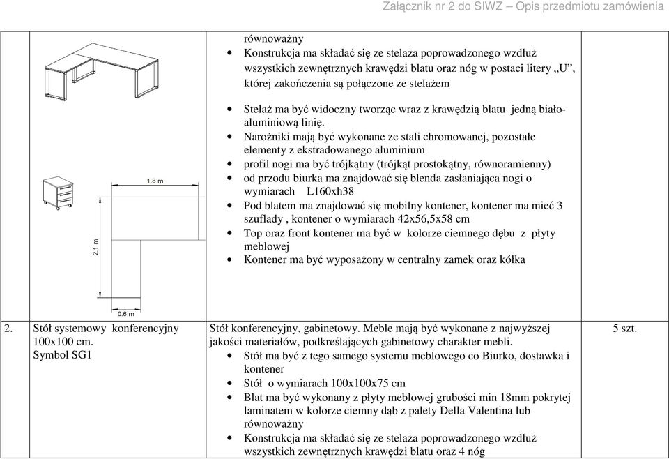 Narożniki mają być wykonane ze stali chromowanej, pozostałe elementy z ekstradowanego aluminium profil nogi ma być trójkątny (trójkąt prostokątny, równoramienny) od przodu biurka ma znajdować się