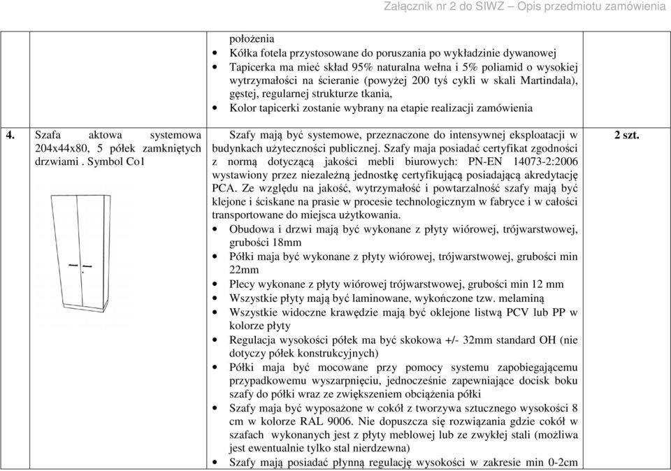 Symbol Co1 Szafy mają być systemowe, przeznaczone do intensywnej eksploatacji w budynkach użyteczności publicznej.