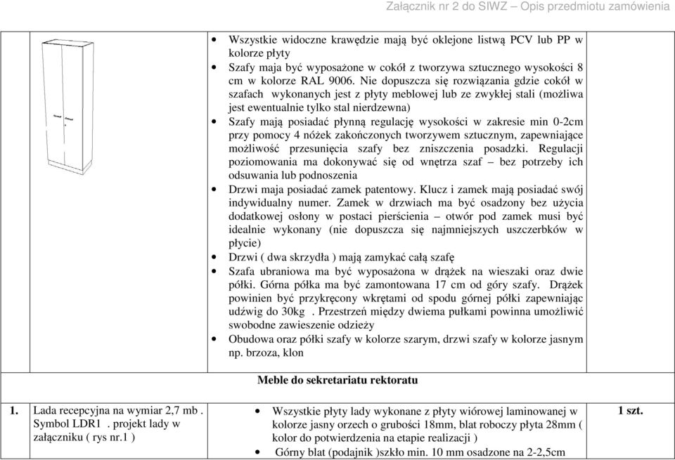 wysokości w zakresie min 0-2cm przy pomocy 4 nóżek zakończonych tworzywem sztucznym, zapewniające możliwość przesunięcia szafy bez zniszczenia posadzki.