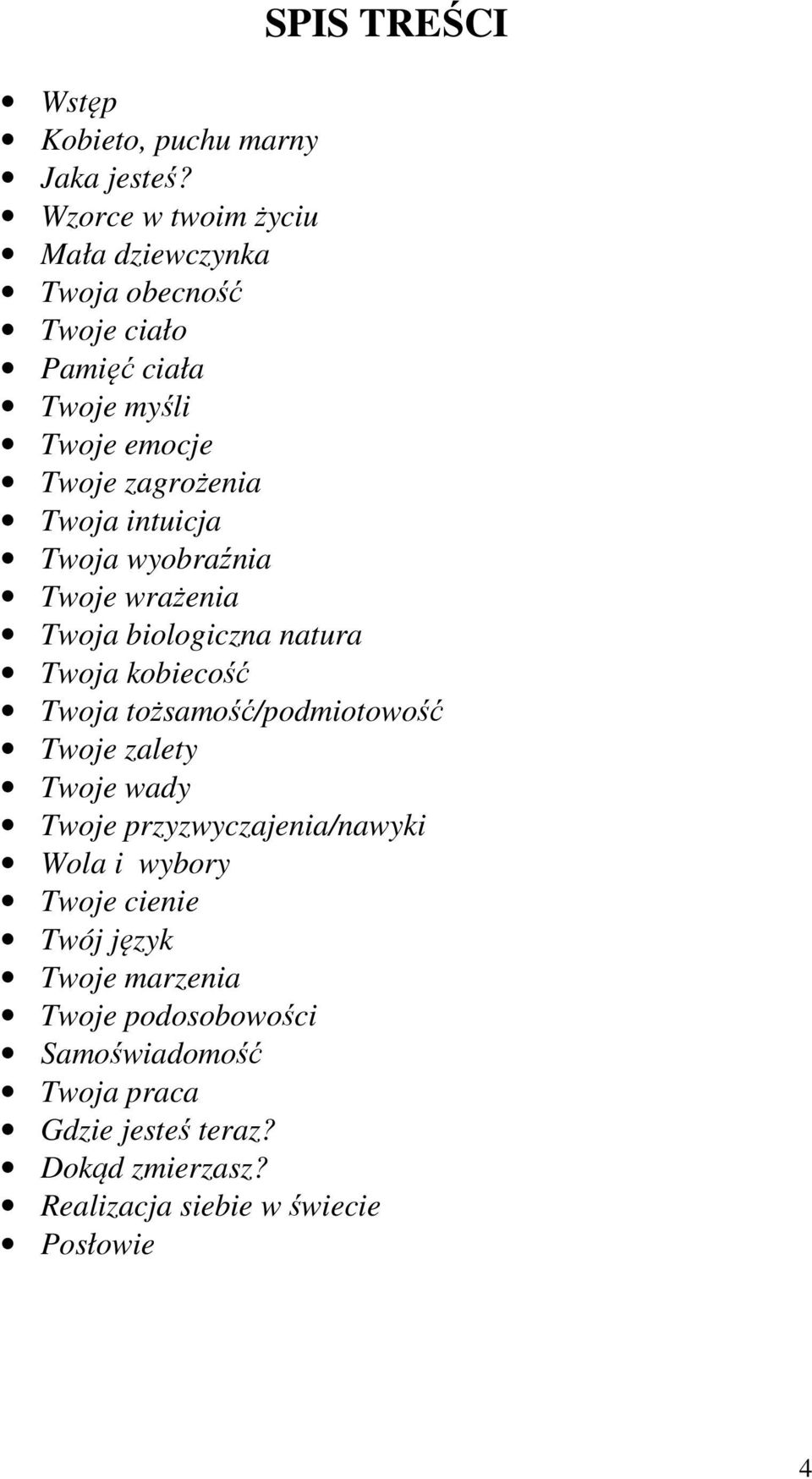 intuicja Twoja wyobraźnia Twoje wrażenia Twoja biologiczna natura Twoja kobiecość Twoja tożsamość/podmiotowość Twoje zalety Twoje