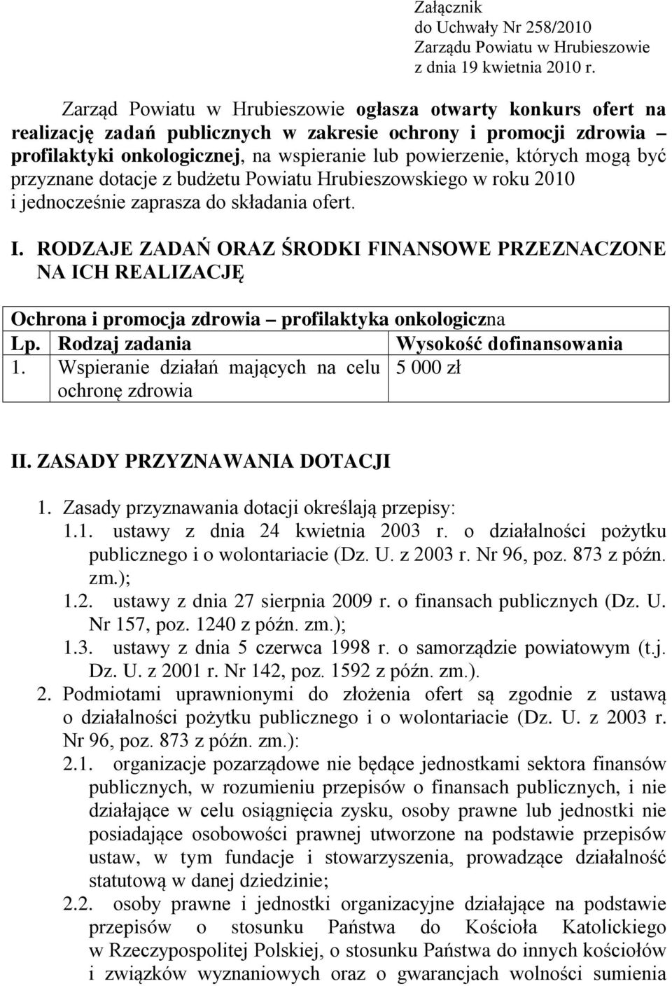 mogą być przyznane dotacje z budżetu Powiatu Hrubieszowskiego w roku 2010 i jednocześnie zaprasza do składania ofert. I.