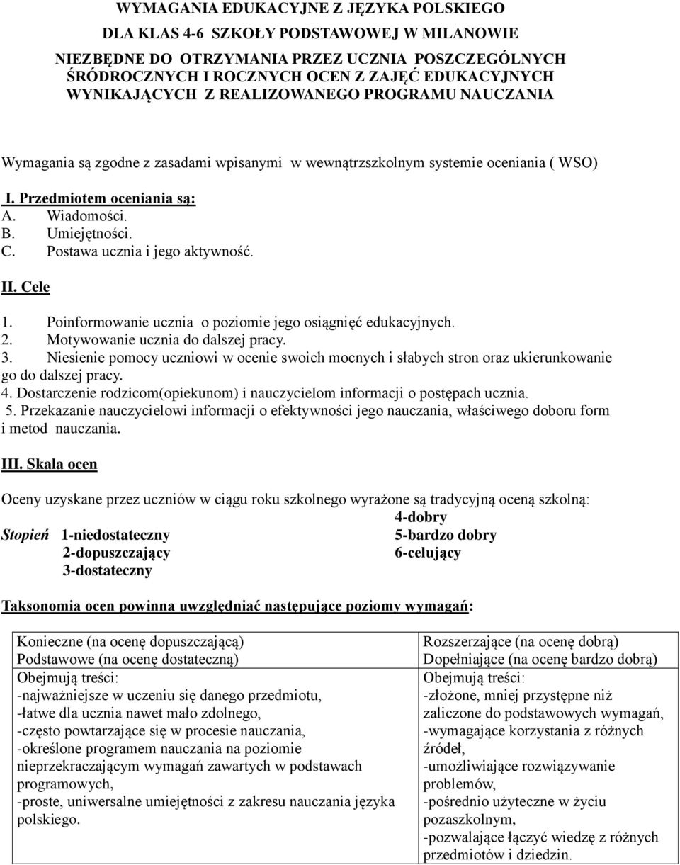 Postawa ucznia i jego aktywność. II. Cele 1. Poinformowanie ucznia o poziomie jego osiągnięć edukacyjnych. 2. Motywowanie ucznia do dalszej pracy. 3.