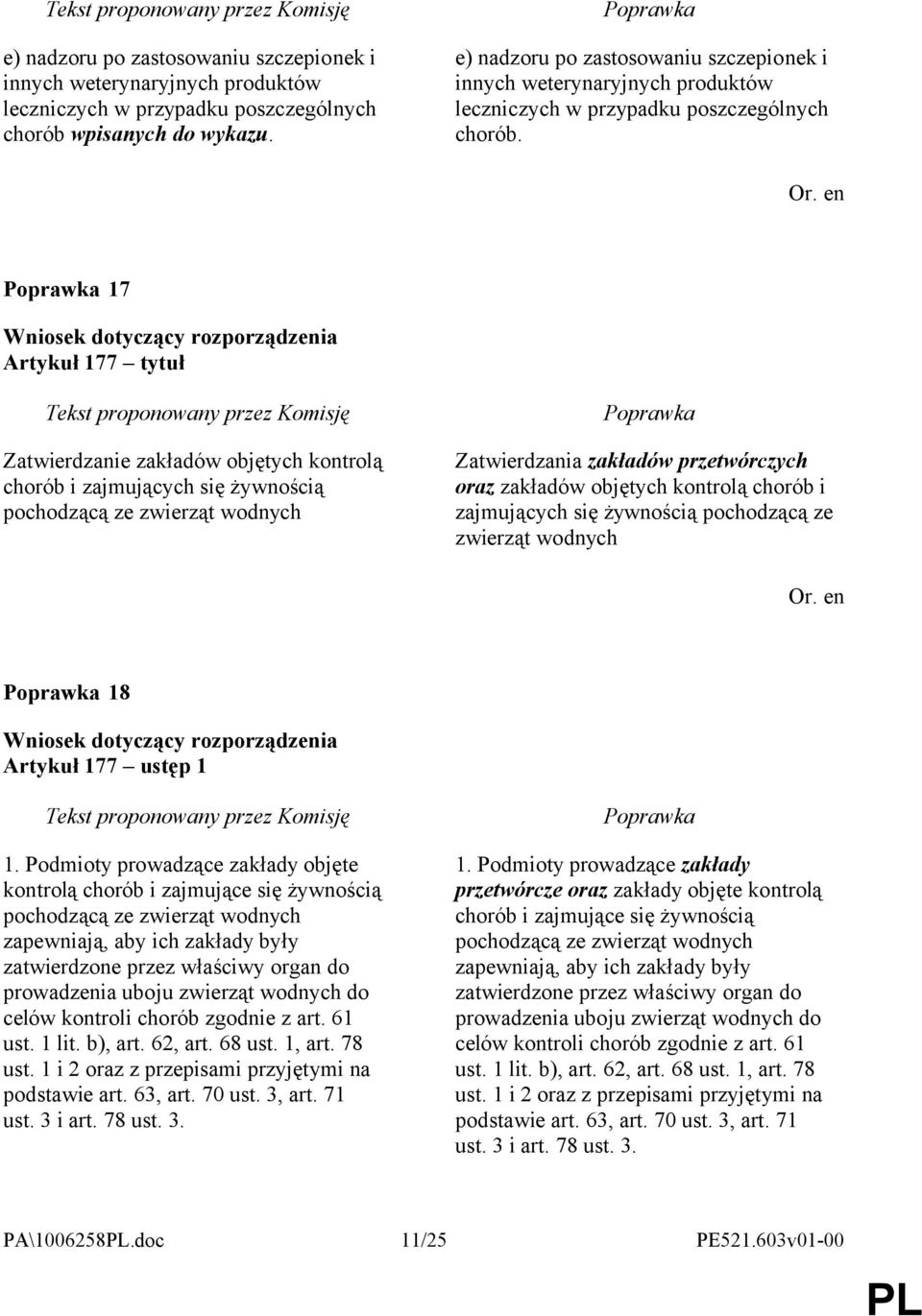 17 Artykuł 177 tytuł Zatwierdzanie zakładów objętych kontrolą chorób i zajmujących się żywnością pochodzącą ze zwierząt wodnych Zatwierdzania zakładów przetwórczych oraz zakładów objętych kontrolą