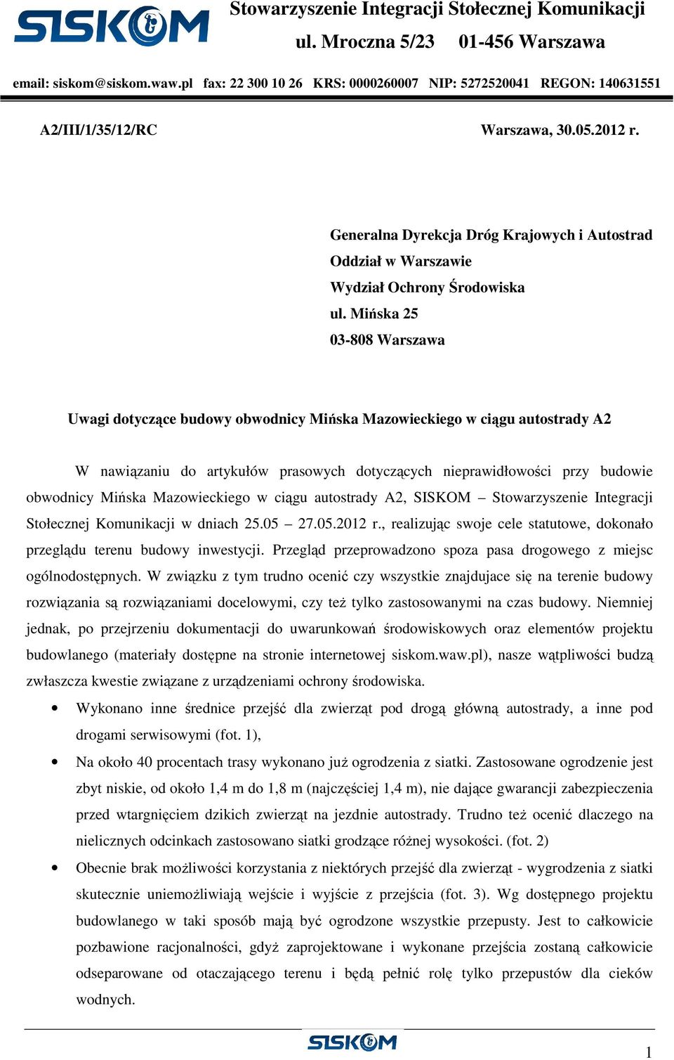 Generalna Dyrekcja Dróg Krajowych i Autostrad Oddział w Warszawie Wydział Ochrony Środowiska ul.